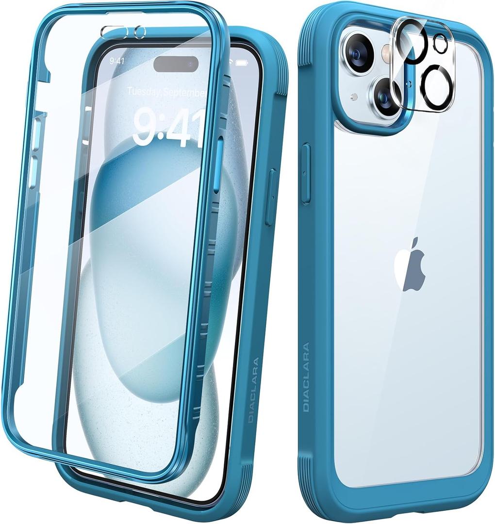 Diaclara Designed for iPhone 15 Case, Full Body Rugged Case with Built-in Touch Sensitive Anti-Scratch Screen Protector, with Camera Lens Protector for iPhone 15 6.1" (Wave Blue)
