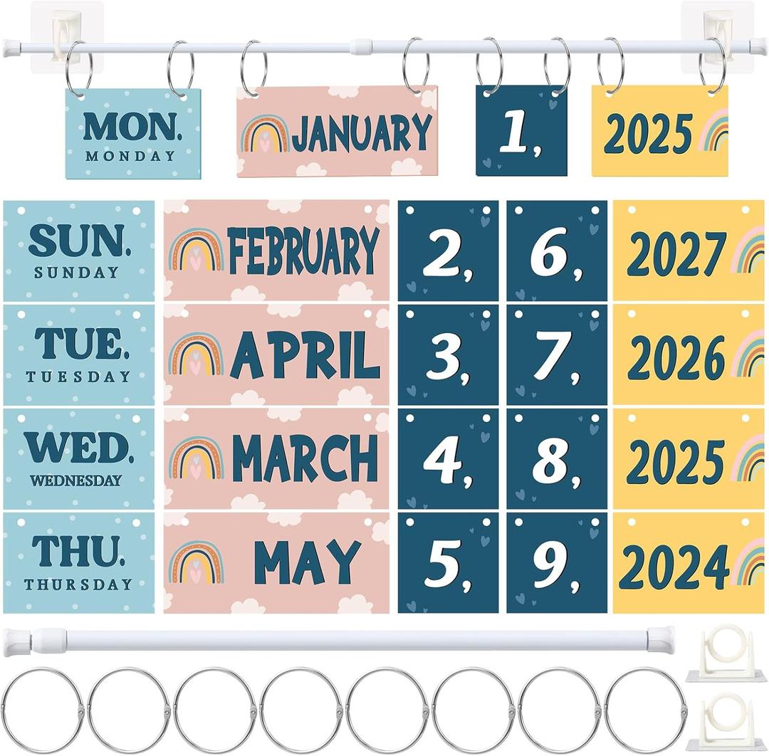 Containlol Boho Classroom Calendar Set Bulletin Board Boho Flip Calendar for Classroom Rainbow Theme Decor with Colorful Week Month Day Year Cards Rod O-ring for Back to School Teacher Wall Board