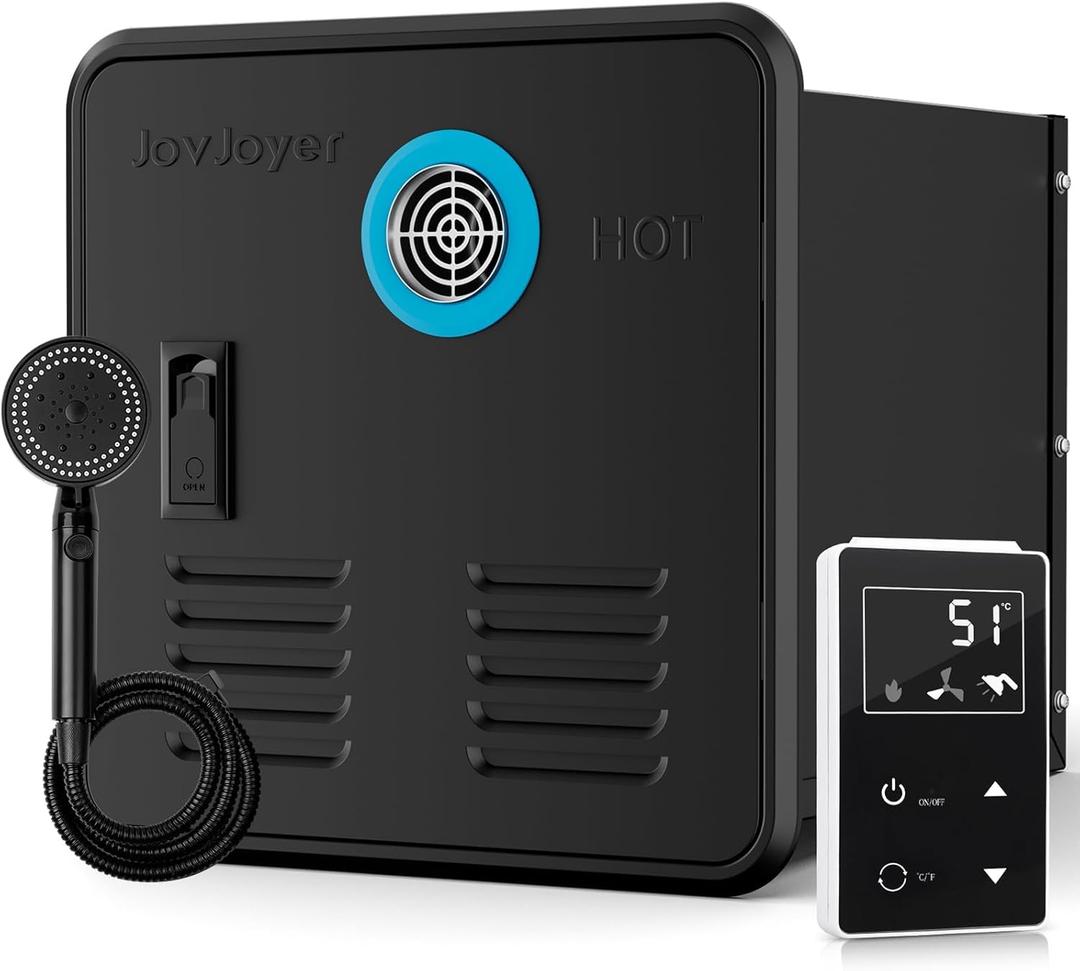 RV Tankless Water Heater, 55,000 BTU Propane RV Water Heater, 2.9 GPM Instant RV Water Heater with Front Water Outlet, 15 x 15 inches Black Door and Remote Controller, 9800 Ft DC 12V
