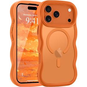 Pepmune for iPhone 17 Pro Max Case, Curly Wavy Frame Hard Translucent Matte Clear Back Cover for Women Men Compatible with Magsafe TPU Bumper Shockproof Phone Case for iPhone 17 Pro Max, Orange