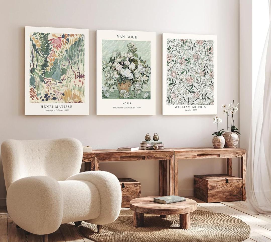 Induslyfe Large Framed Sage Green Vintage Wall Art Canvas Decor Set of 3, Matisse Wall Art Prints Poster Mid Century Modern Art, Aesthetic Floral Botanical wall art, bedroom living room bathroom 18x24 (18"x24")