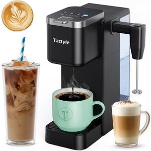 Tastyle Single Serve Coffee Maker with Built-in Detachable Milk Frother, Iced and Hot Coffee Machine for K Cup & Grounds, 40oz Removable Water Reservoir, 6 Cup Sizes, Fits 7.3" Travel Mug, Black