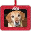 2025 Photo Ornaments for Christmas Tree, Christmas Picture Frame Ornament, Easy-Load Magnetic Frame with Ribbon, Charm & Photo Protector, Horizontal - Sparkly Red