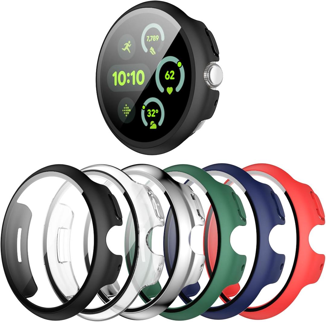 [6-Pack] Case for Google Pixel Watch 3 41mm (2024 New), Hard PC Shockproof Bumper Cover with Tempered Glass Screen Protector for Google Pixel Watch 3 41mm (Black/Clear/Silver/Green/Dark Blue/Red)