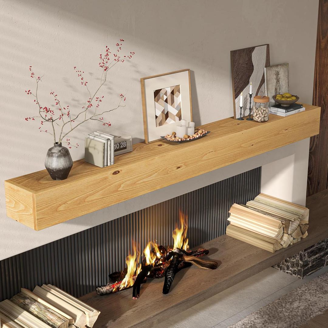 Fun Memories 72" Fireplace Mantel, 5" Thick Wall Mounted Shelves for Over Fireplace, Solid Wood Farmhouse Long Floating Shelves, Handcrafted Wooden Fireplace Mantle, 72" x 8" x 5" - Natural (Honey Maple Finish)