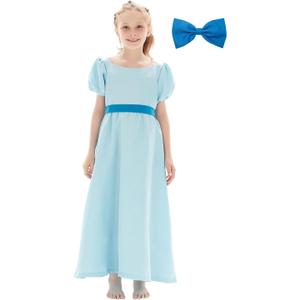 Kids Blue Dress Costume Cosplay Girls Princess Dress Summer Dress Blue Skirt Belt Bow Headwear Outfit Halloween Suit (Large)