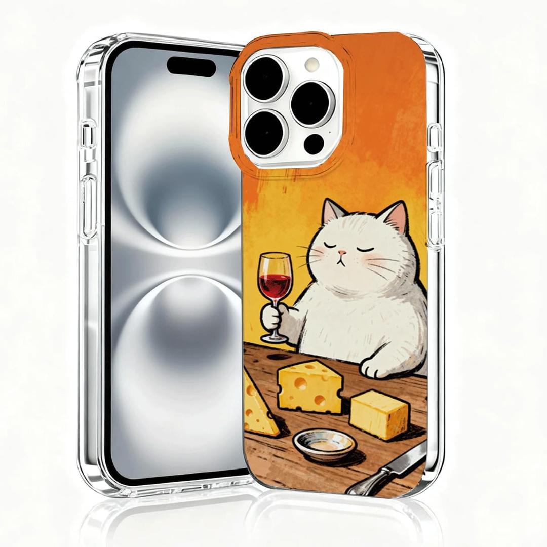 for iPhone 16 Pro Max Case, Animal Print Case for iPhone 16 Pro Max, Scratch Resistant Shockproof Cover, Aesthetic Clear Phone Cover, Cheese and Wine Cat, Elegant Cat Cases（B100）