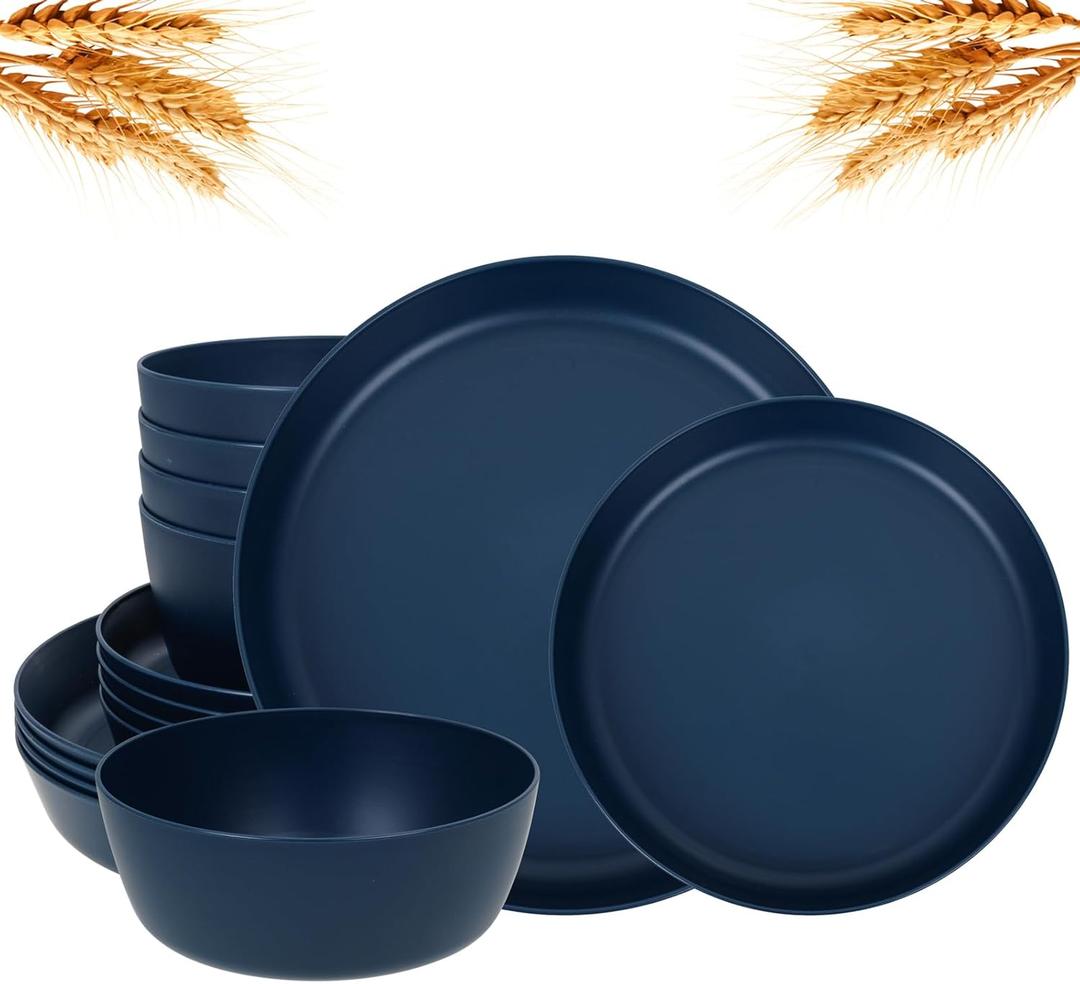 EI 12pcs Dark Blue Wheat Straw Dinnerware Set, Wheat Straw Plates, Plastic Plates Reusable, Plate and Bowls Sets, Unbreakable Plastic Plate for Dinner, Camping, Picnic