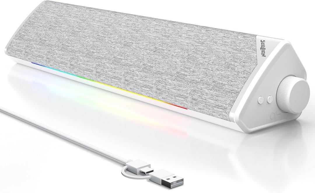 SOULION Computer Speakers, USB-Powered Bluetooth PC Soundbar with Dynamic RGB LED Lights, Surround Sound for Desktop, Laptop, Office, Work, Music & Gaming White (USB-C to USB Adapter Included)
