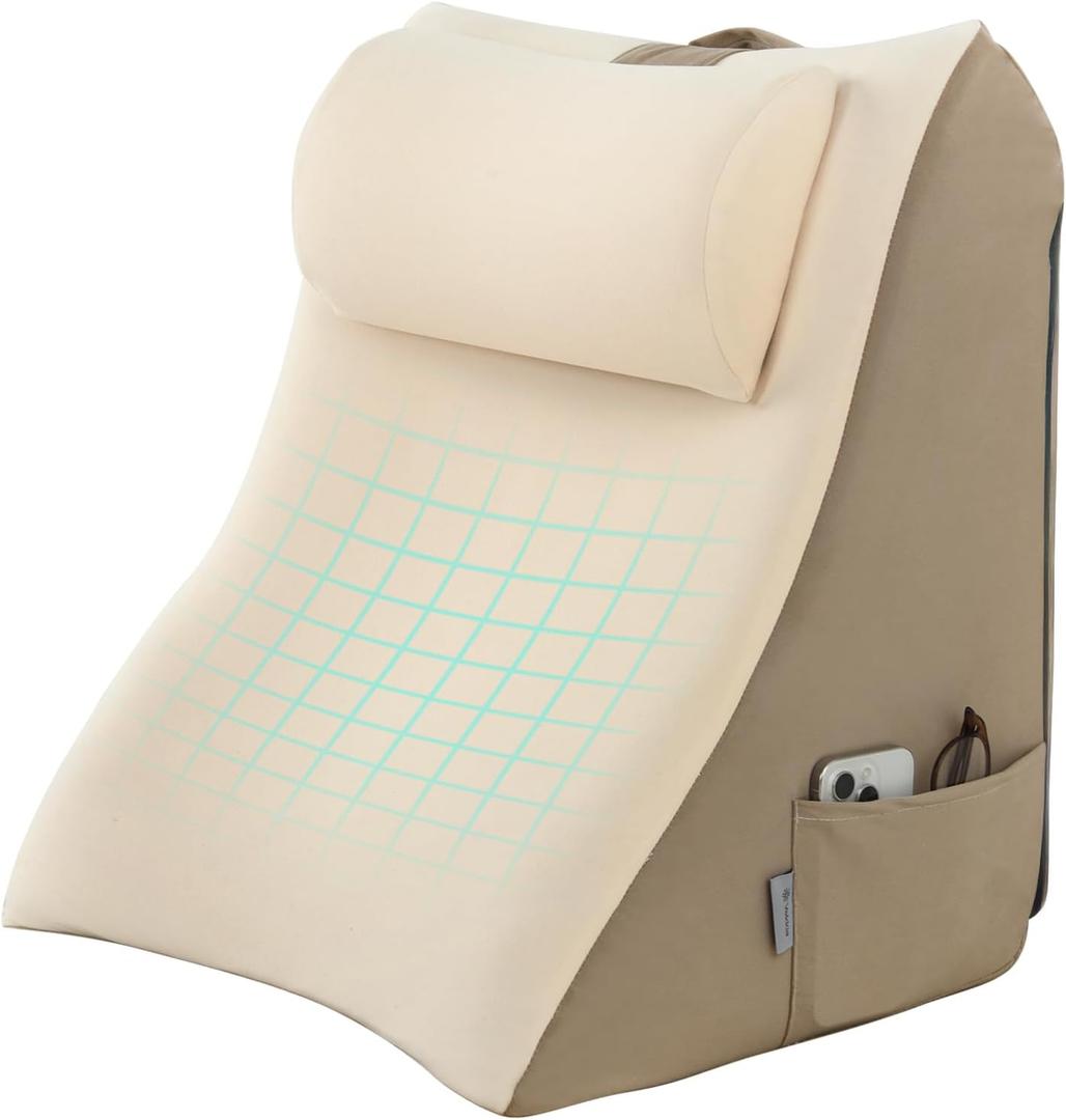Vekkia 21 Extra-Wide Back Pillow with Adjustable Headrest, 2-in-1 Ergonomic Dual-Layer Wedge Backrest for Sitting/Reclining, Lumbar & Neck Support, Bed, Sofa & Floor, Reading, TV, Lounging & Gaming (Beige/Camel)
