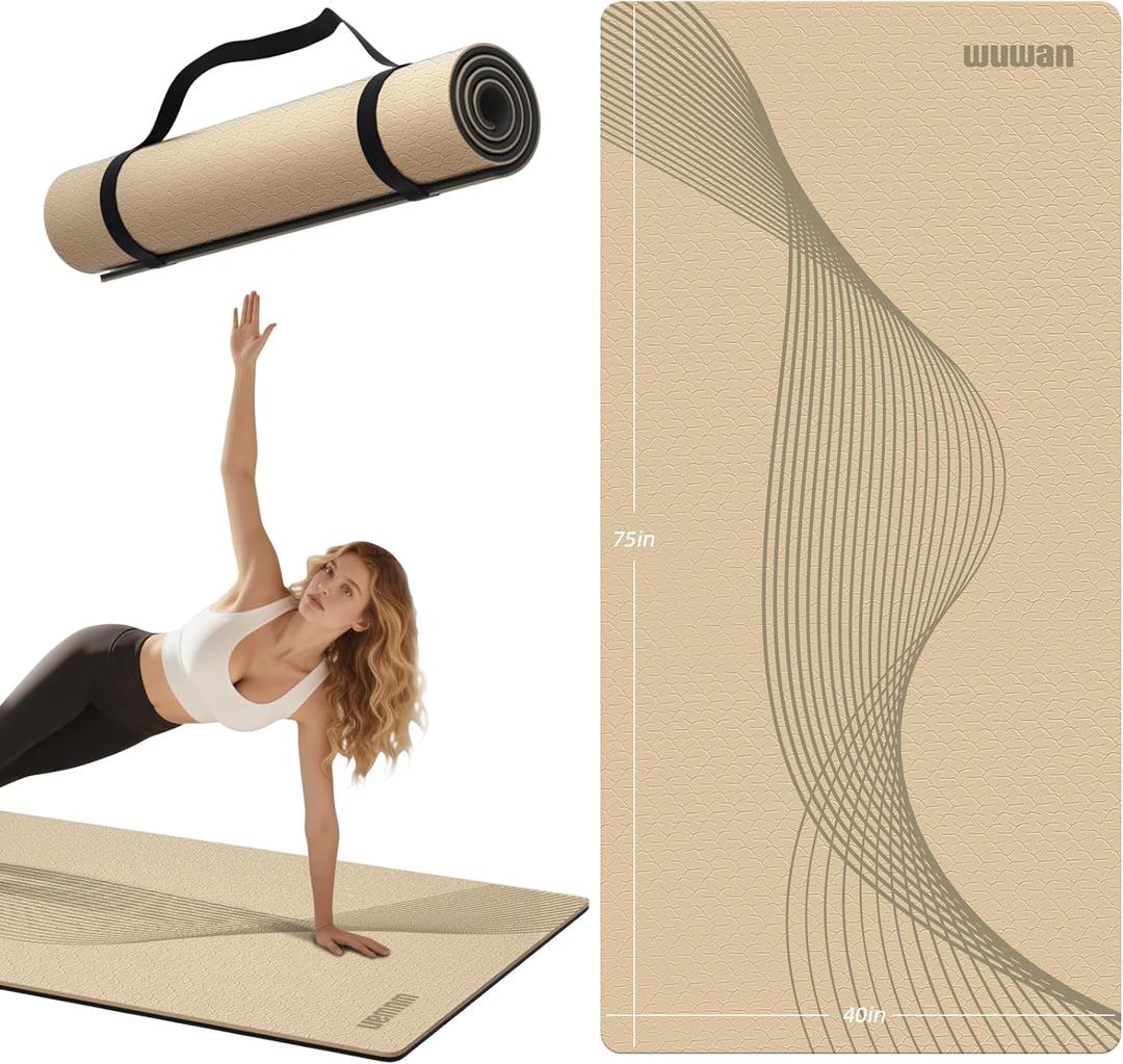 Large Exercise Mat | 10mm Thick TPE Non-slip Gym Mats, Carrying Strap Printed Workout 76"X 40"Extra Long and Wide ,Sturdy to Enable No Movement Pilates, Stretching, Fitness, Yoga, Exercising , Men Women