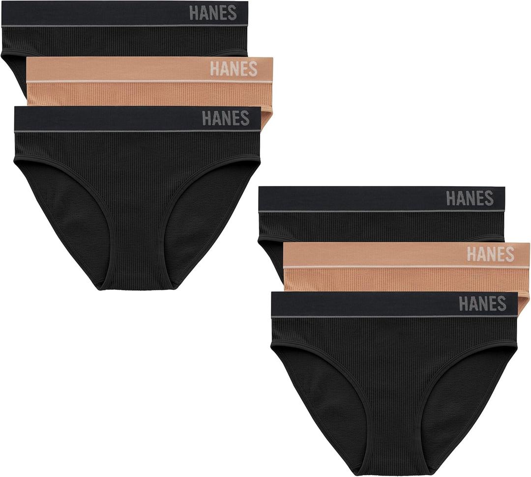 Hanes Women's Originals Seamless Stretch Rib Bikini Panties Pack, Assorted Colors, 6-Pack (X-Large, 4 Black/2 Deep Glow)