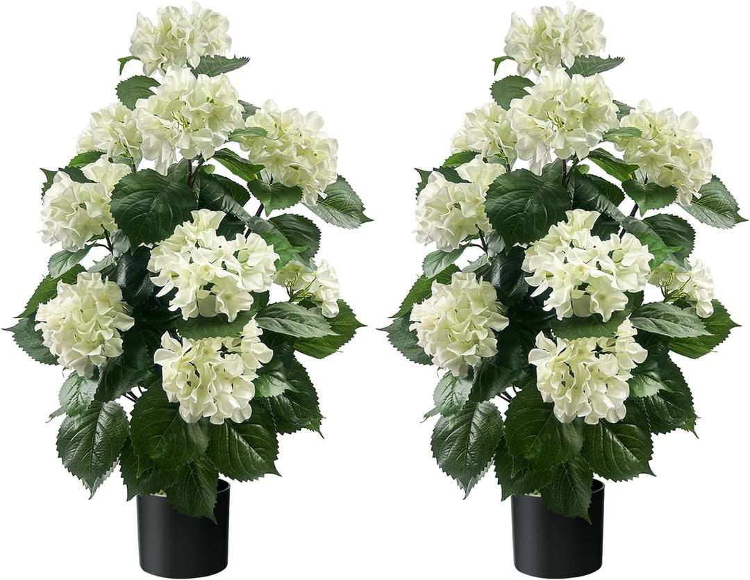 3FT Artificial Hydrangea Tree, White Hydrangea Artificial Flowers for Indoor Outdoor Decoration, UV Resistant Faux Hydrangea Flowers for Front Porch Patio Garden Home Decor, 2 Pack White