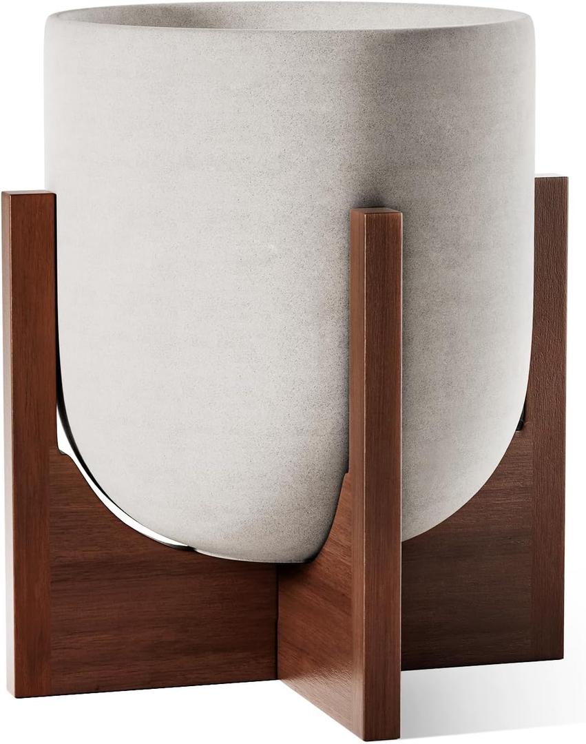 LE TAUCI 10 Inch Planter with Acacia Wood Stand, Ceramic Planters for Indoor Plants, Unique Plant Pots Indoor for Home Decor, Cylinder Pots for Plants with Drainage Hole and Plug, Neutral Gray