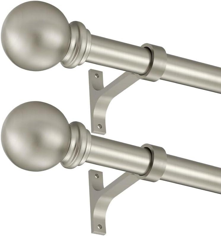 Brushed Nickel Curtain Rods for Window 28-48 Inch, Curtain Rods 2 Pack, Decorative Curtain Rod with Ball Finials, 1 Inch Diameter Heavy Duty Curtain Rod, Adjustable Single Drapery Rod Brushed Nickel