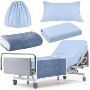 SmoothNovelty 4 Pcs Hospital Bed Sheets Set, Soft Knitted Standard Sheets Quality, Include Fitted Coverlet, Quilt Cover, Pillow Case and Blanket(Blue)