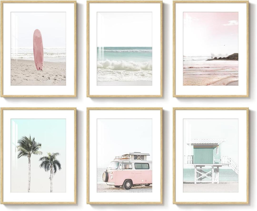 Framed Pink and Mint Green Coastal Wall Art for Living Room, 6 Piece Palm Tree Surfboard Beach Pictures Prints for Bedroom, Tropical Nautical Ocean Beachy Artwork for Hallway Walls Decor, 11x14 Inch