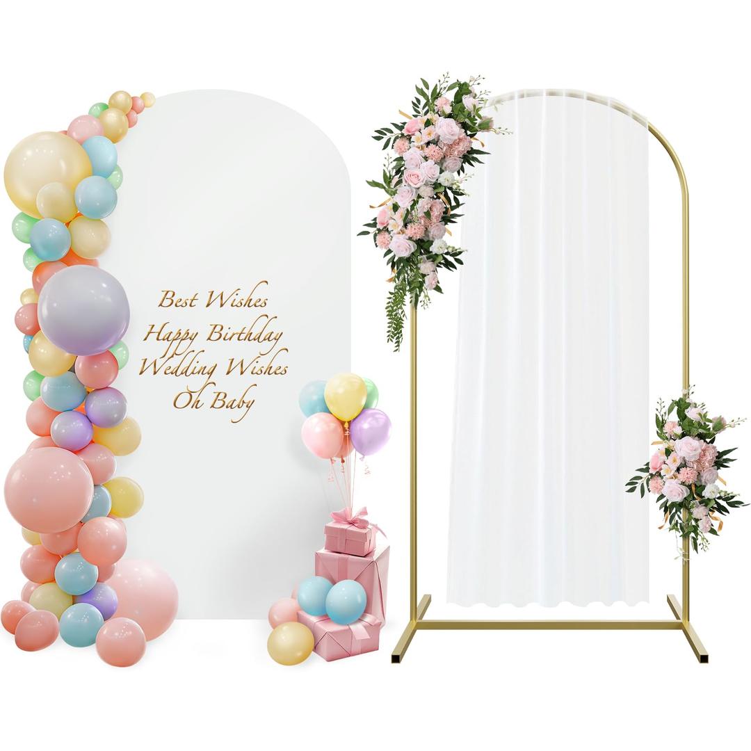 Wedding Arch Backdrop Stand with Cover 5ft, Metal Arch Stand and Cover Set with 100 Party Multi-Colored Balloons for Birthday Party Baby Shower Graduation Ceremony Decoration, White