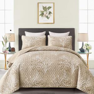 DJY Beige Quilt Set Twin Size 3 Piece Branch Botanical Pattern Bedspread Coverlet Set, Cream Beige Floral Quilt Bedding Set Soft Lightweight Summer Bedspread Bed Cover for All Season, 68''x86''