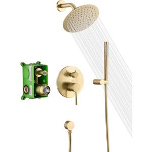 sumerain Brushed Gold Shower Faucet System with high pressure 8 Inches rain shower head and brass hand shower, Rough-In Valve Body and Trim Included (2 Function)