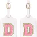 Personalized Initial Luggage Tags for Suitcases with Chenille Letter, Cute Leather Luggage Tag Monogrammed Tags for Baggage Bag Travel Gifts for Women Kids Teens(White_D)Pack of 3