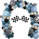 Race Balloon Garland Arch Kit, Dusty Blue Black Balloons with Checkered Balloons for Race Theme Birthday Party Decorations Baby Shower Party Supplies