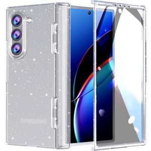 FABSPARK Case for Samsung Galaxy Z Fold 6 Built-in Screen Protector,Hinge Protection,Sparkly Bling Glitter Crystal Clear Transparent Slim Fit Acrylic Hard PC for Samsung Z Fold 6 Case,Glitter Clear