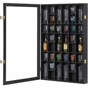 Furnishh 36 Slots Shot Glass Display Case with Lockable Door, Solid Wood Cabinet Collection Holder Wall Mounted Shot Glass Display Storage Box with Removable Shelves, 18"x26", Black