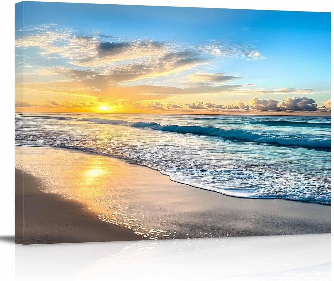 Beach Ocean Waves Canvas Print Wall Art - Sand Sea Sunrise Seaside Coastal Hawaiian Scene - Wall Decor Modern Artwork Paintings Pictures for Living Room Stretched and Framed Ready to Hang - 24" x 36"