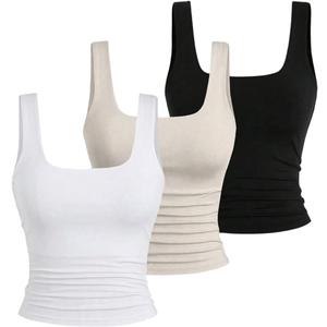 BEAUDRM Women's Y2k Double Lined 3 Piece Crop Tank Top Sets Square Neck Sleeveless Ruched Tee Shirt Basic Tops Pack White Black Khaki Small