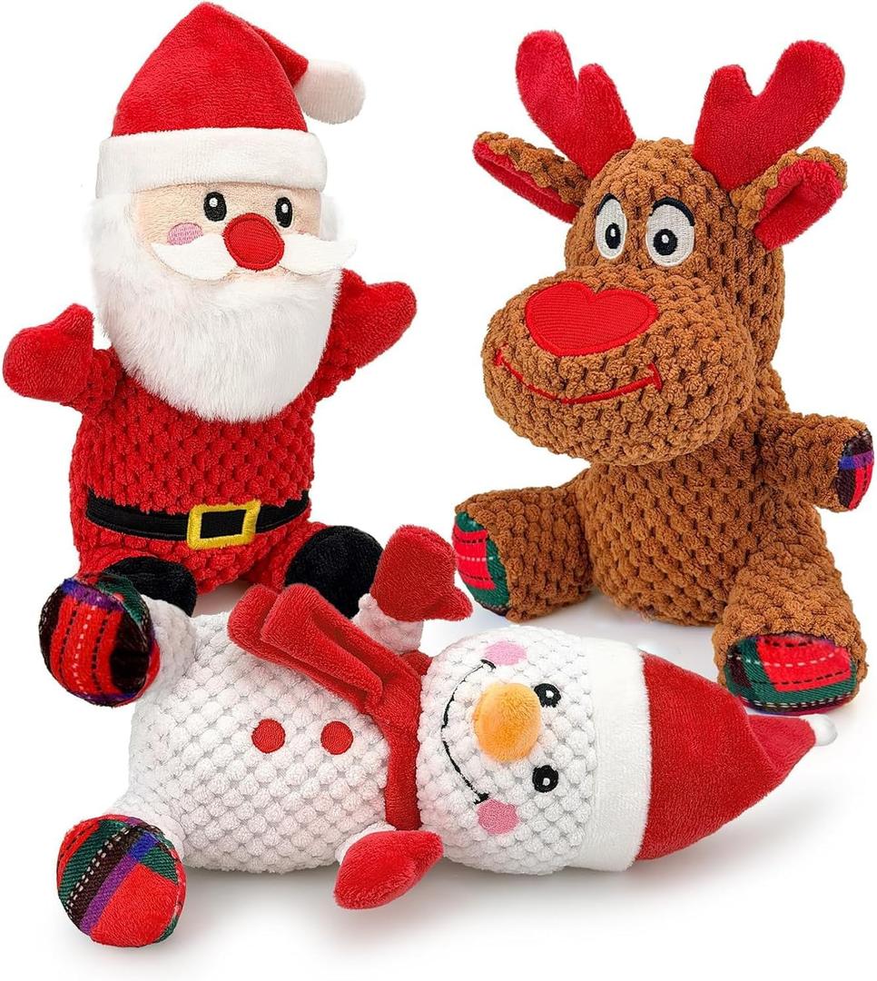 Christmas Dog Toys Set - 3 Pack Durable Squeaky Dog Toys for Small, Medium & Large Dogs, Soft Plush Santa, Reindeer & Snowman Gift for Pets