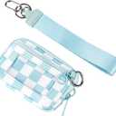 Wristlet Wallet for Women Mini Zip Card Case with Clear ID Window Zipper Coin Purse Lightweight Portable Keychain Wallet(Blue Lattice)