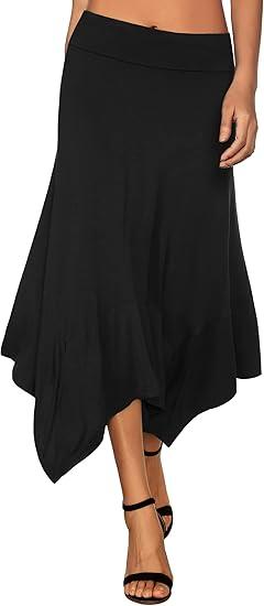 DJT Women's High Elastic Flat Waist Handkerchief Hem Flowy Flared Casual Midi Skirt Black Large