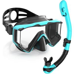 Greatever Snorkel Set Pano 3 Window Snorkel Mask Adult, Panoramic Wide View, Anti-Fog Scuba Diving Mask, Anti-Leak Snorkel Goggles Dry Top Snorkel, Professional Snorkeling Gear for Adults (Black Green)