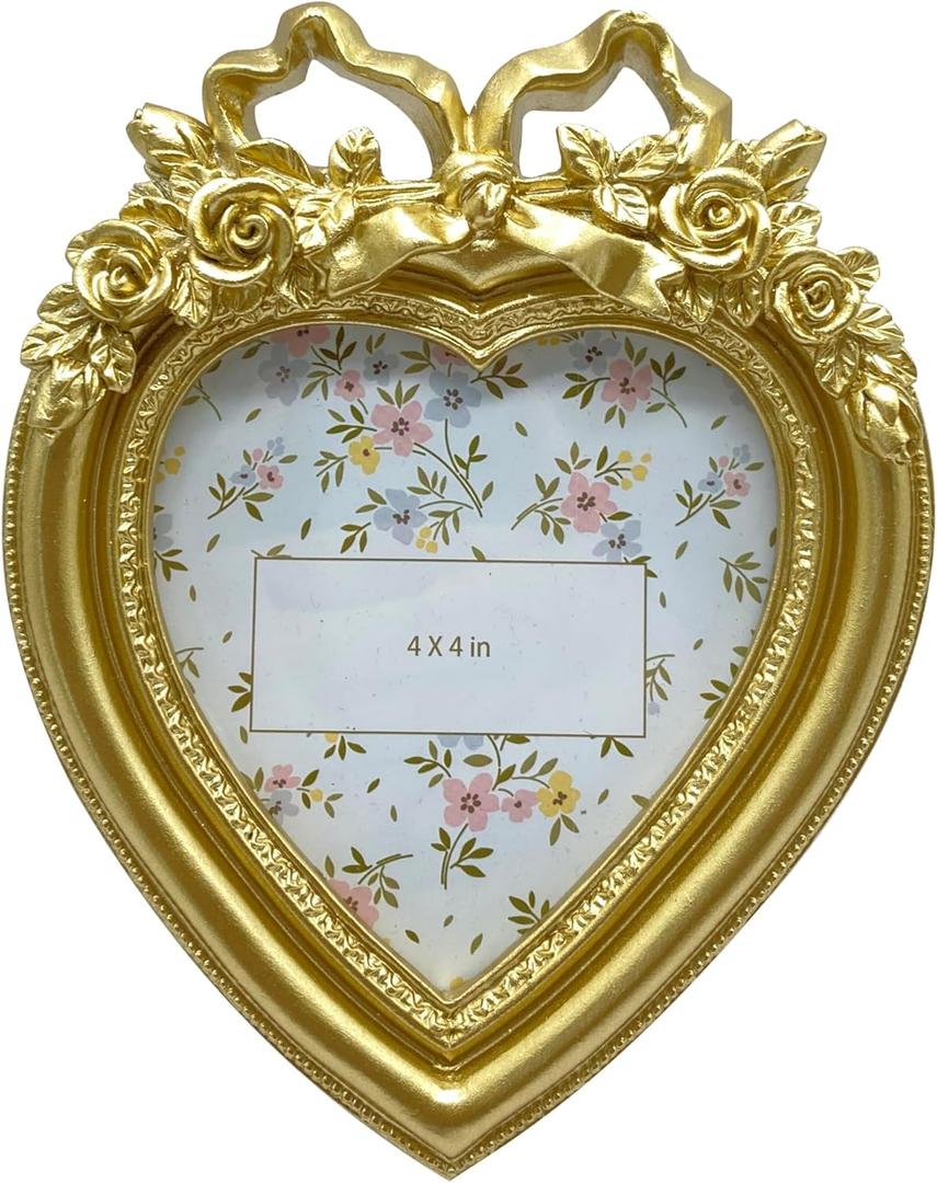 Aispama Cute Picture Frame with Heart Shape,HandCrafted Resin Vintage Ornate Style Picture Frames for Wall or Tabletop Display, Antique Gold 4x4 Inch Resin Photo Frame for Home Décor