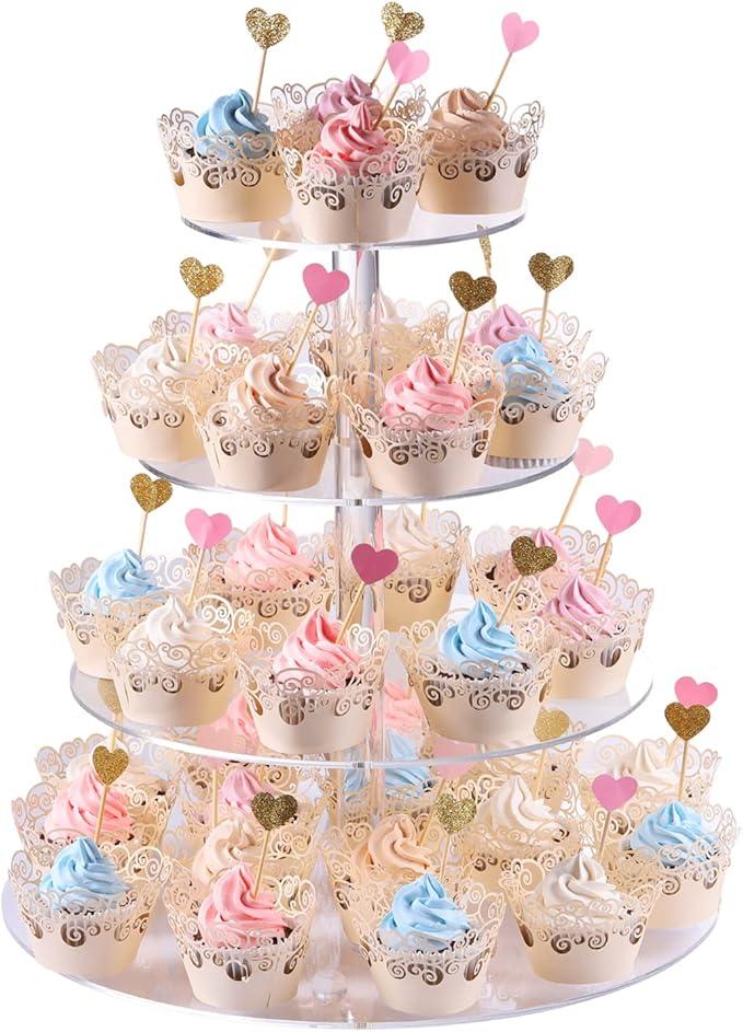 Cupcake Stand, 4Tier Round Acrylic Cupcake Display Stand Dessert Tower Pastry Stand for Wedding Birthday Theme Party 15.7 Inches (Transparent)
