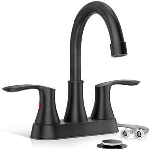 Phiestina 4 Inch 2 or 3 Hole Centerset Matte Black 2 Handle Bathroom Sink Faucet 360Swivel Spout RV Bath Vanity Faucet with Water Supply line & Metal Pop-up Drain, TY36-MB