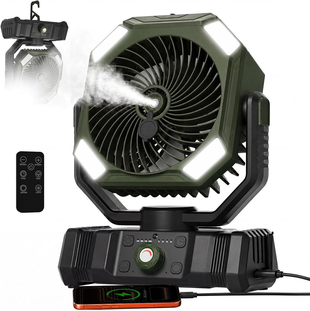 USONE Misting Fan, 5-in-1 Portable Tent Fan, [16-65Hrs] 20000mAh Rechargeable Camping Fan, 2 Spray Modes, 300mL Tank, LED Light & Hook, Remote & Timer, Outdoor Fan for Patio, Beach,Olive Green