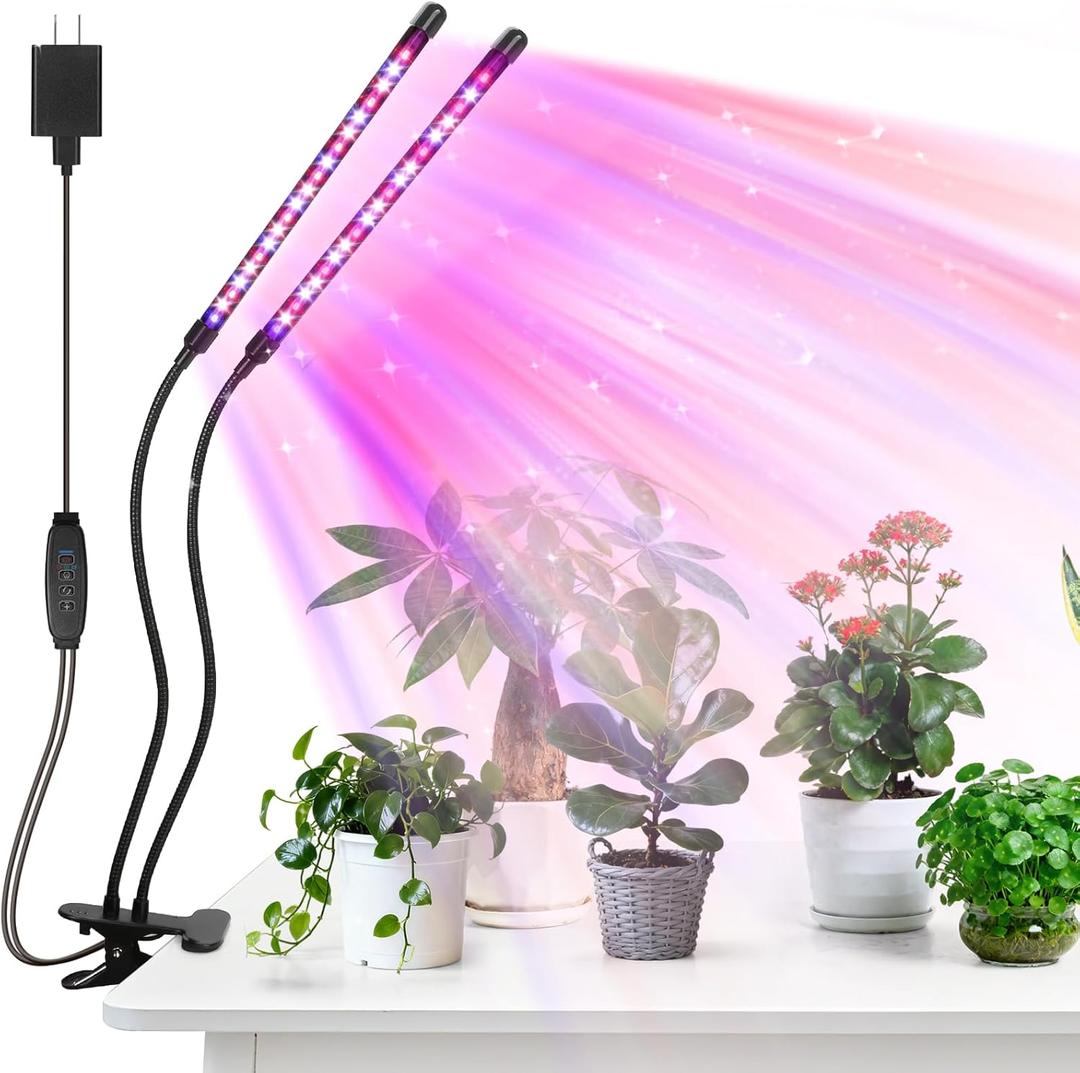 led Grow Lights, 2 Heads Red Blue Plant Light with Clamp for Indoor Plants & Seed Starting, 10-Level Dimmable, Auto On Off, Timing 3 9 12Hrs
