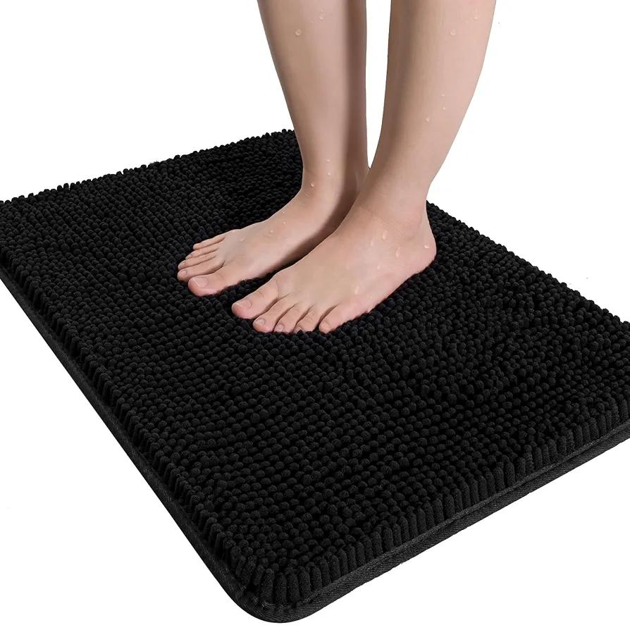 LOCHAS Luxury Bathroom Rug Shaggy Bath Mat 24 x 36 Inch, Washable Non Slip Bath Rugs for Bathroom Shower, Soft Plush Chenille Absorbent Carpets Mats, Black