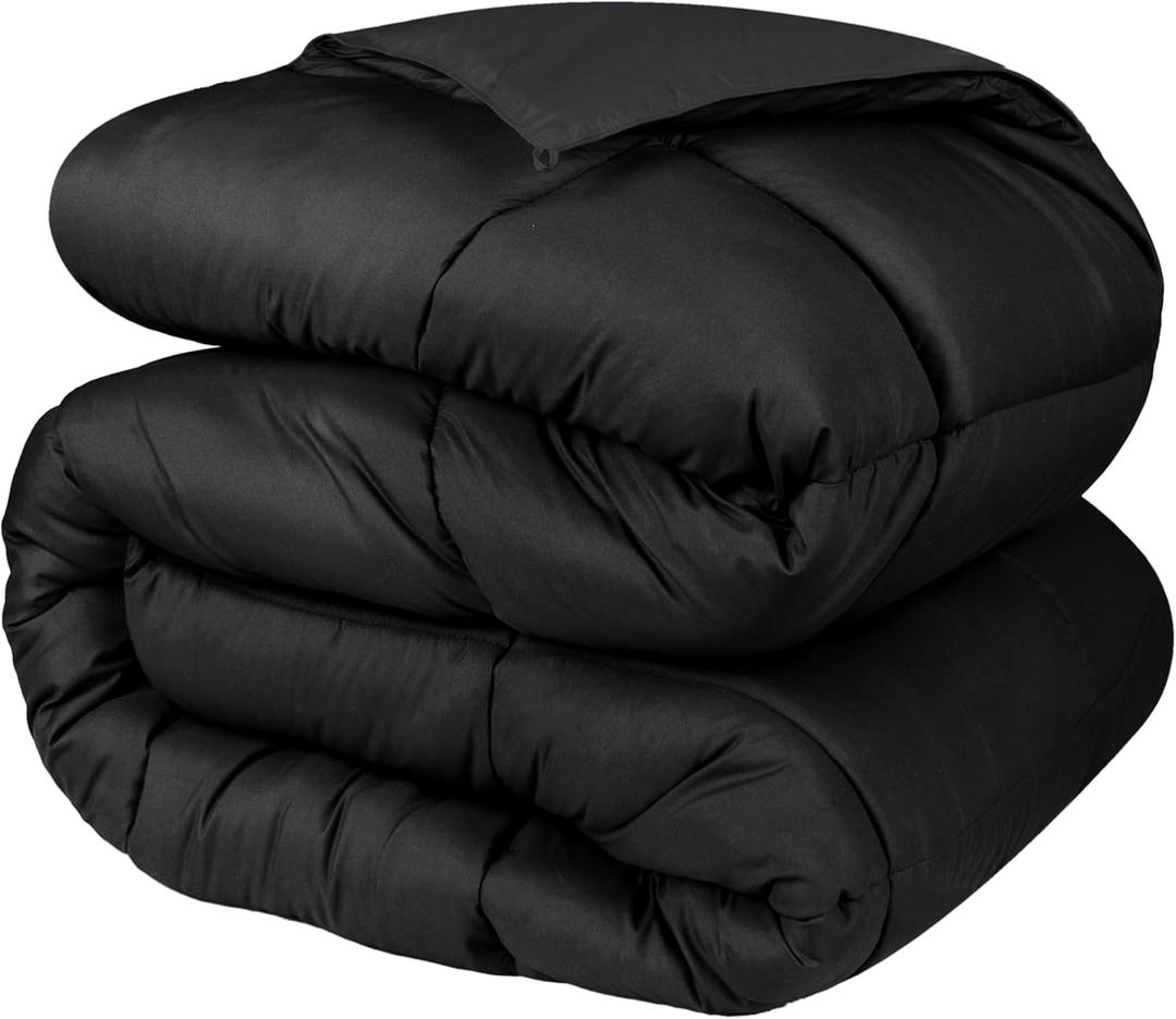 BLUENILEMILLS Brushed Microfiber Comforter, Down Alternative Bedding, Medium Weight, Ultra-Soft Bed Cover, Plush Duvet Insert, Oversized Blanket, Box Quilt, Reversible Comforter, Twin, Black
