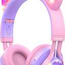 Riwbox Kids Headphones, CT-7S Cat Ear Bluetooth Headphones with LED Light, 85dB Volume Limiting, Over Ear with Microphone for Laptop/PC/TV (Pink/Purple)