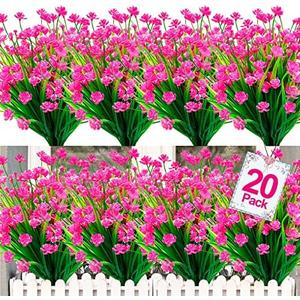 TURNMEON 20 Bundles Artificial Flowers for Outdoors Fake Plants Summer Decor, UV Resistant Artificial Plants Cemetery Fake Flowers Faux Plastic Greenery Shrub for Home Porch Yard Decor 580 Heads(Pink)