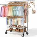 Heavy Duty Clothes Rack Load 960LBS, Adjustable Three Rods Rolling Garment Rack with Double-Layer Bottom Shelf, Portable Commercial Clothing Rack for Hanging Clothes with Wheels, Silver