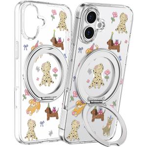 Loheckle for iPhone 16 Plus Case with Stand- Compatible with MagSafe Women Girls Cute Clear Girly Aesthetic Unique Design Soft TPU Magnetic Ring Phone Cover for Apple 16 Plus, Dogs