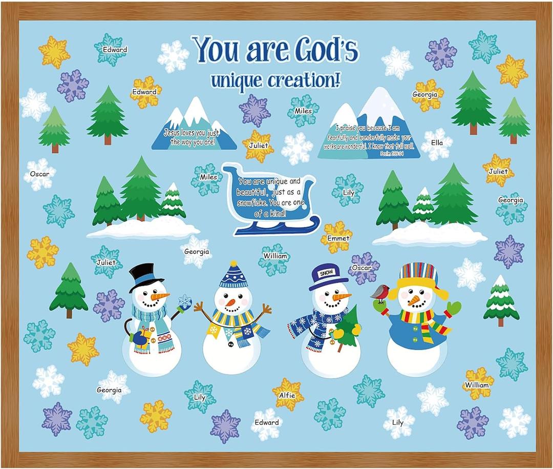 Jutom Winter Bulletin Board Decorations Set Christmas Christian Bulletin Board Cutouts God Made Me Unique Religious Classroom Decoration Snowman Snowflake Cut Outs for Xmas Sunday School Church Decor