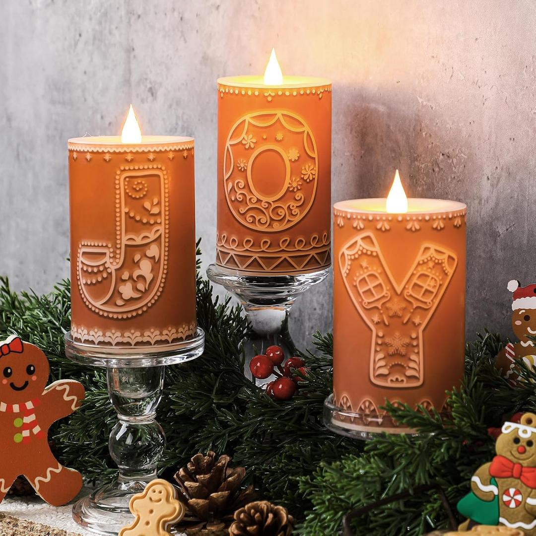 Baquler 3 Pcs Gingerbread Christmas Flameless LED Pillar Candles, Battery Operated Joy Letter Candles Holiday Centerpiece Candlestick for Xmas Table Farmhouse Rustic Home Decor (4.9'')