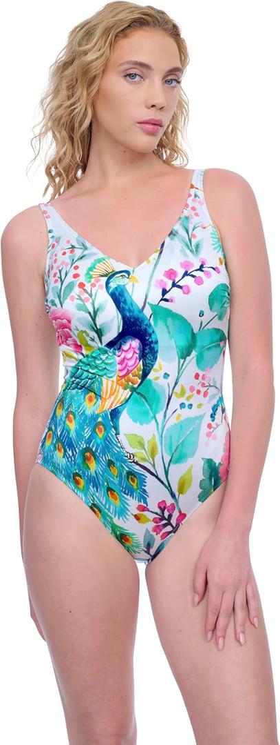 Gottex Womens V-Neck One Piece Stylish Elegant Versatile Summer Bathing Suit with Soft Cups and Tummy Control Swim Essential (14, Multicolor)