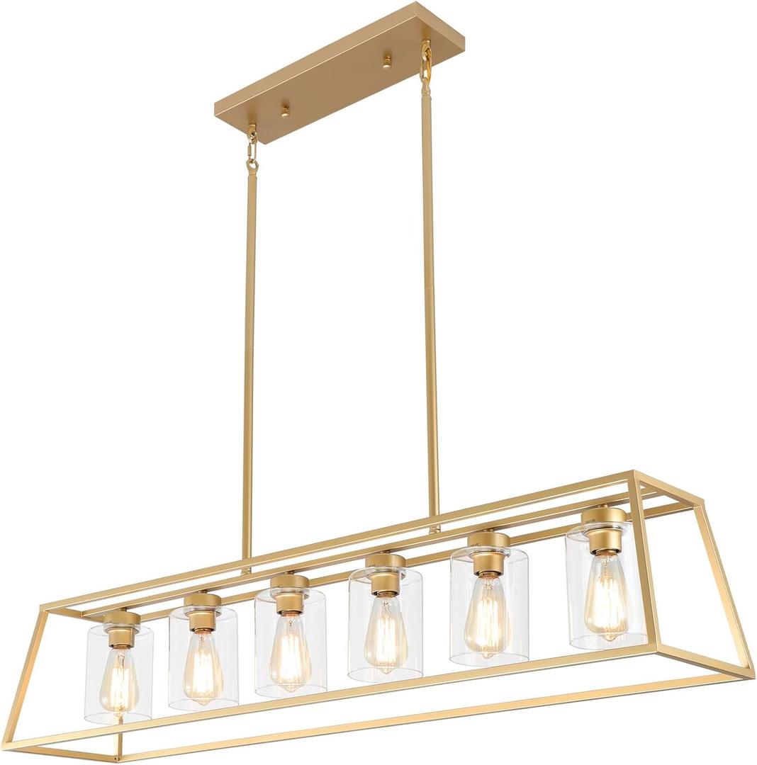 6-Light Gold Chandeliers for Dining Room | Modern Kitchen Island Light Fixture | Rectangle Chandelier for with Clear Glass Shade | Apply to Dining Room Light fixtures Over Table