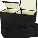 2 Pack Large Linen Fabric Collapsible Storage Bins with Lid and Handles, Washable Storage Box Baskets Cube with Removable Divider for Bedroom,Closet,Office,Living Room,Nursery (Black, Small)